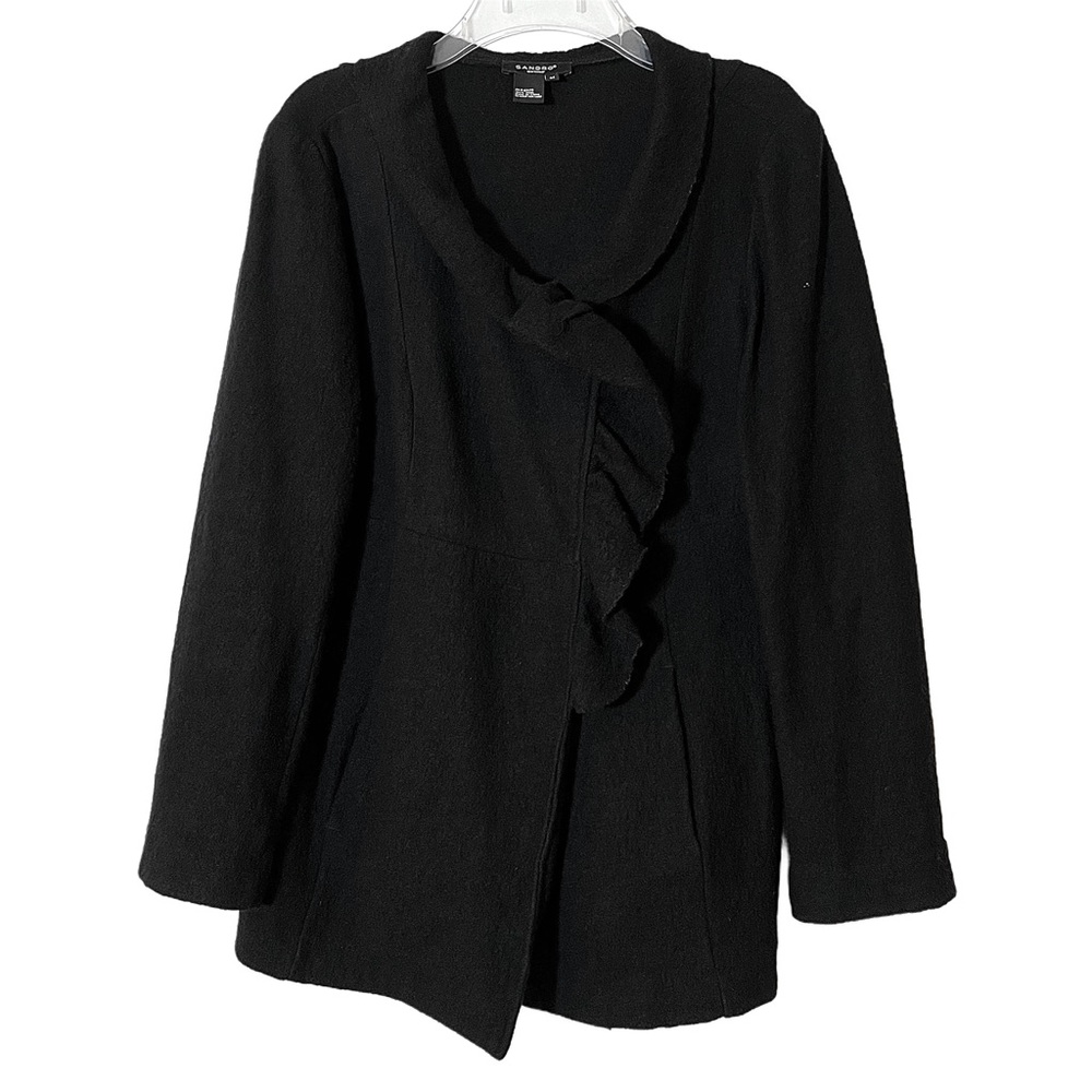 Sandro Black 100% Wool Ruffle Snap Front Pocket Winter Pea Coat Women Medium